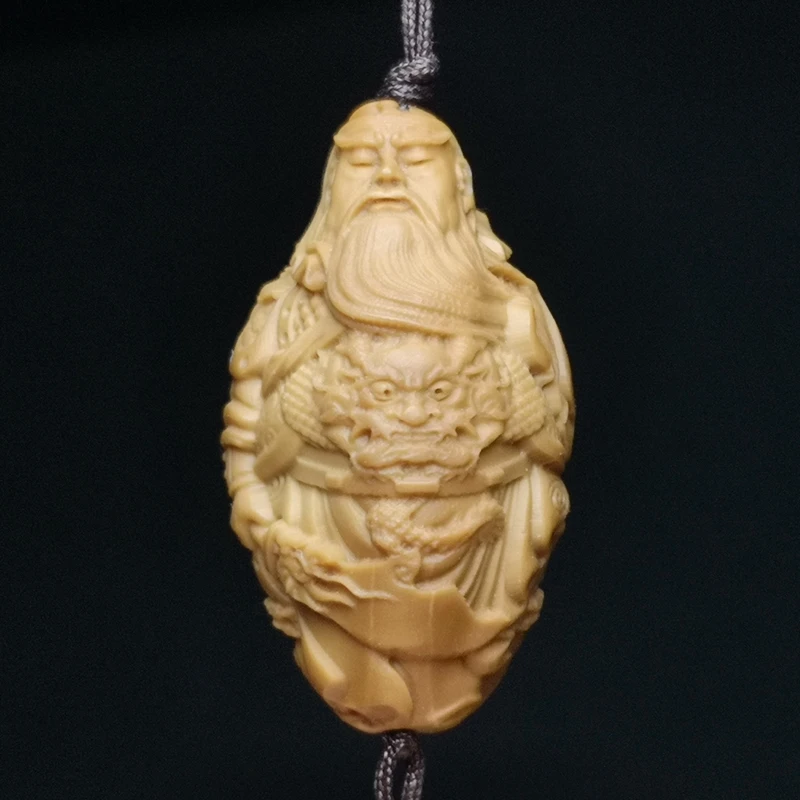 YIZHU CULTUER ART Size 3.2 × 1.8 cm Chinese Hand-carved Olive Guan Yu God of wealth Statue Netsuke Pendant