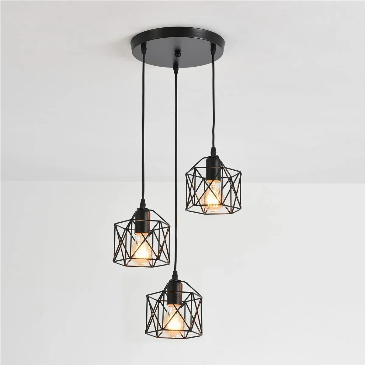 Vintage 3 Head Hanging Ceiling Lamp E27 Black Metal Shade Lighting for Living Room Dining Room Decor