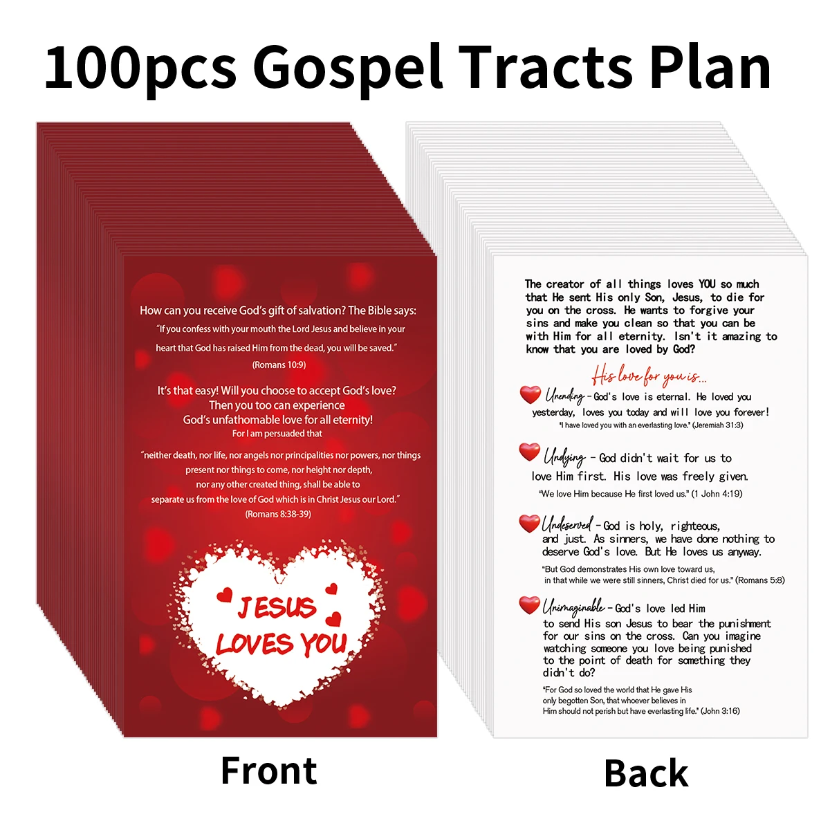Cartes de Plan de trait évangélique, 100 pièces, Design cœur rouge, pour la prière, la salvation, l'inspiration chrétienne, verset de la Bible, cadeau d'église, carte de poche