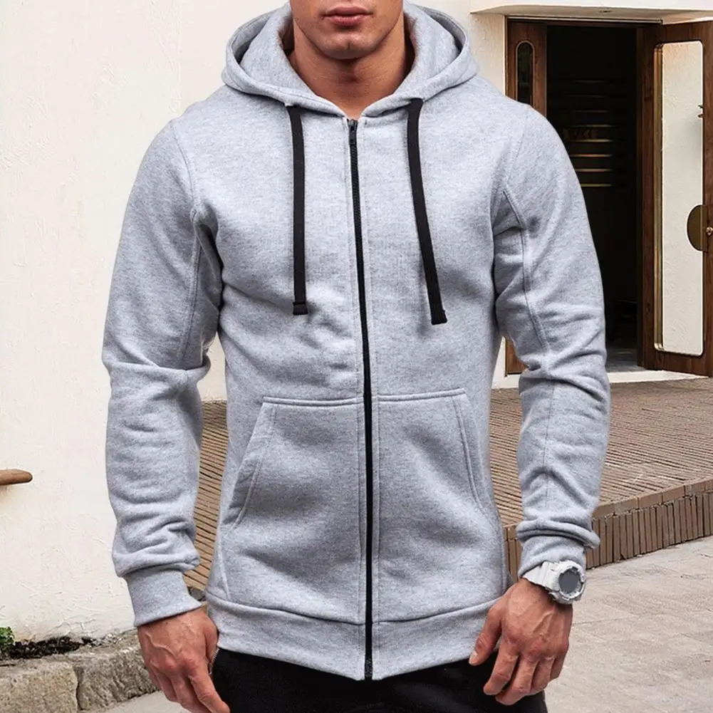 Men Daily Coat Stylish Men's Hooded Jacket with Drawstring Zip-up Closure Elastic Cuff Pockets Mid Length Solid Color for Fall