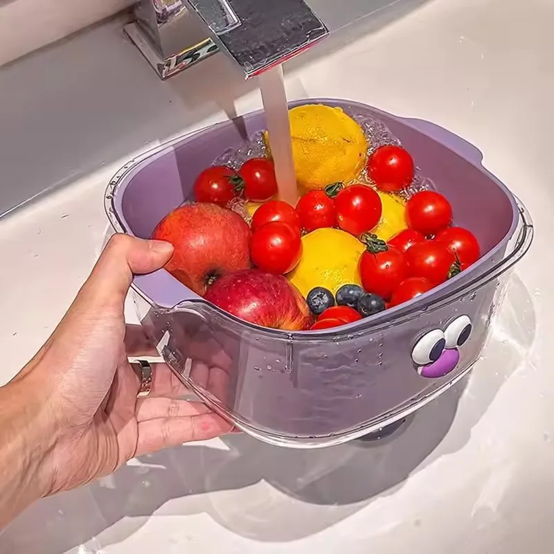 Double Layer Colorful Drain Basket Cute Fruit Basket Usecleaning Filtering Thickened Fruit Plate Vegetable Washing Basket Tools