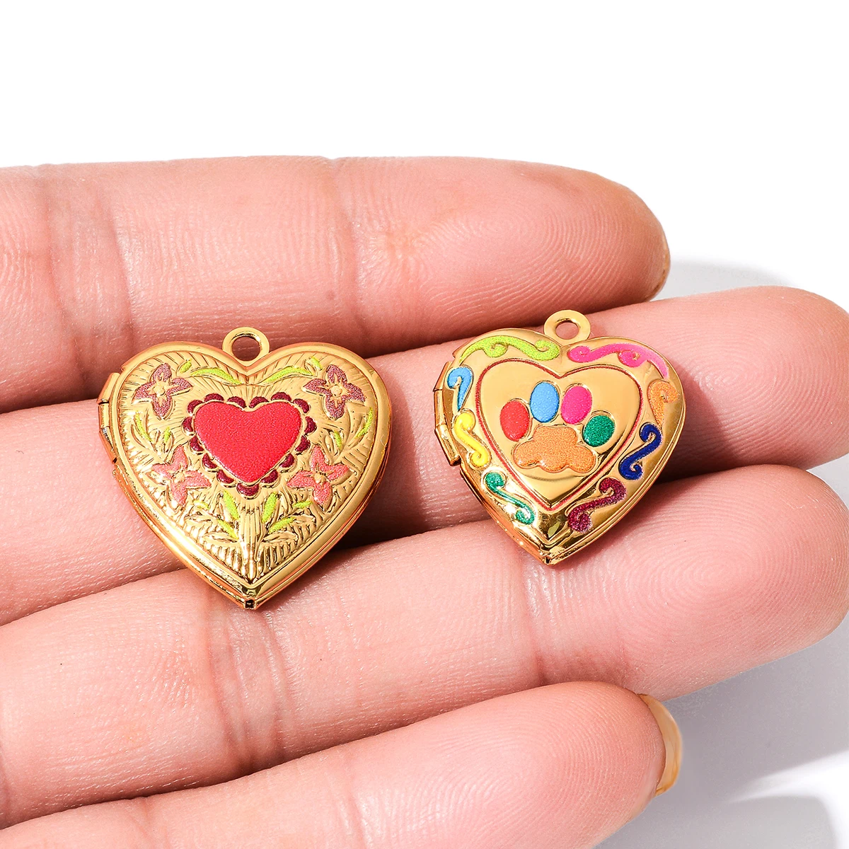 Großhandel 4 Stück/Set Emaille Bunte Fotorahmen-Medaillon-Anhänger Edelstahl Herz-Charms für Schmuckherstellung DIY-Zubehör – Detail 4