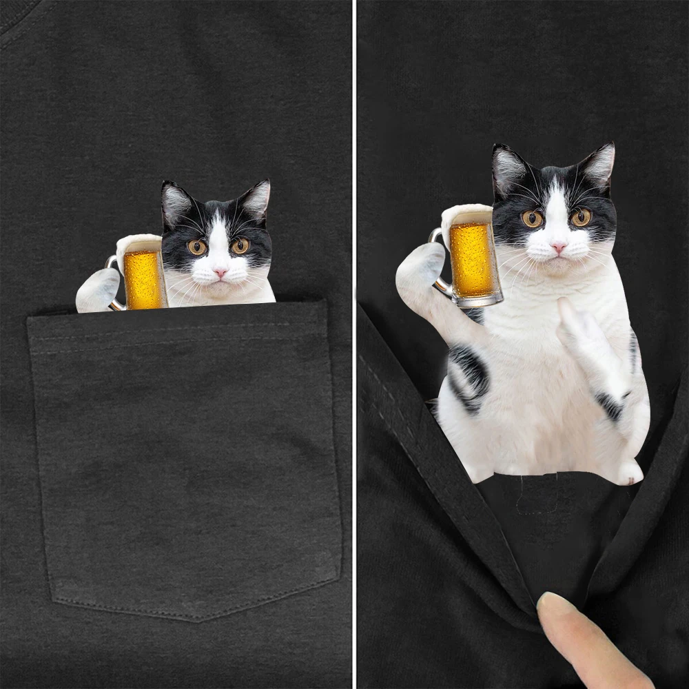 CLOOCL Animals T-Shirt Black White Cat Beer Pocket T-shirt Men Women Shirts Hip Hop Tops Summer Funny Cotton Tees Fropshipping