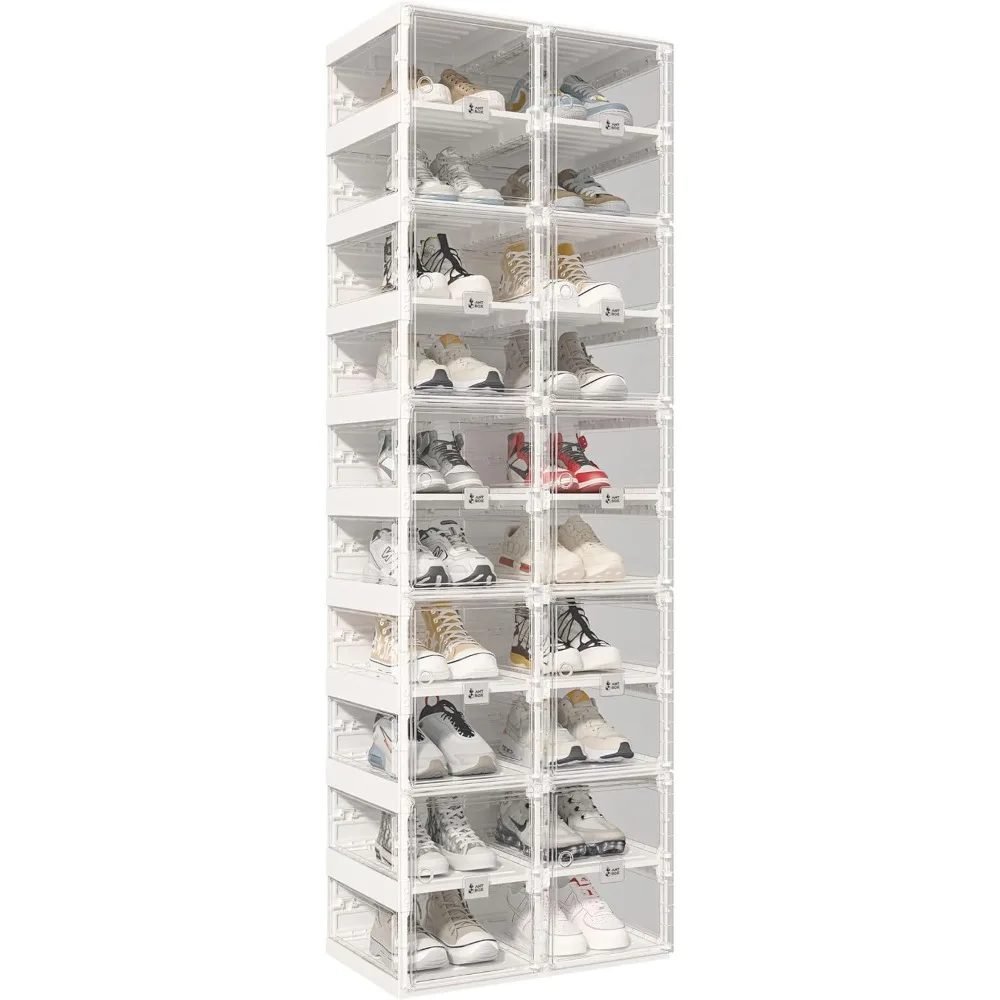 US Shipping Foldable Shoe Rack Plastic Shoe Storage Box Stackable Sneaker Cabinet Bins with Magnetic Clear Door for Closet