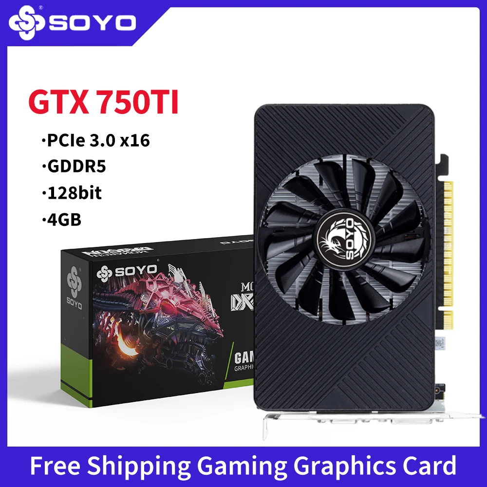 

Черная видеокарта SOYO Radeon GTX 750TI 4 ГБ, 128-битная видеопамять GDDR5 для игрового графического процессора ПК с портом дисплея DVI, одинарный вентилятор 3,0