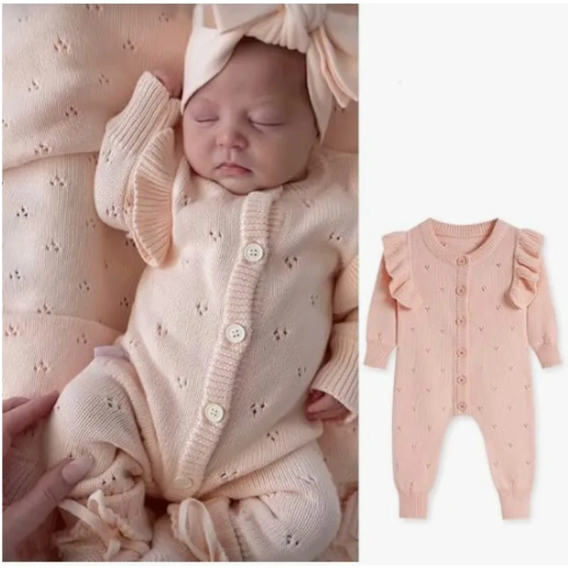 Newborn Baby Girls' Pink Cotton Knit Romper playsuit One-Piece Outfit with Button Closure Infant Baby Clothing