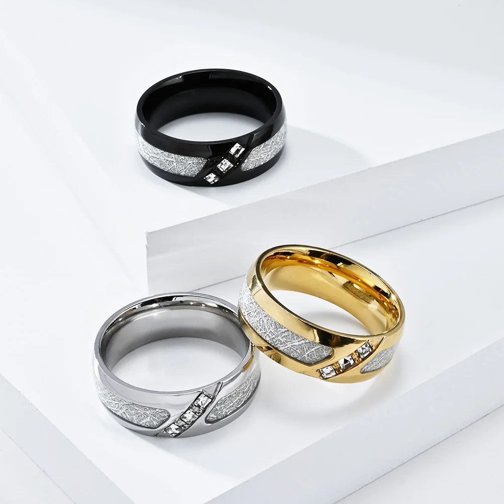 Men's Stainless Steel Cubic Zirconia Wedding Band Ring Imitated Meteorite Inlay Quality Titainium Black Gold Color Cool Ring