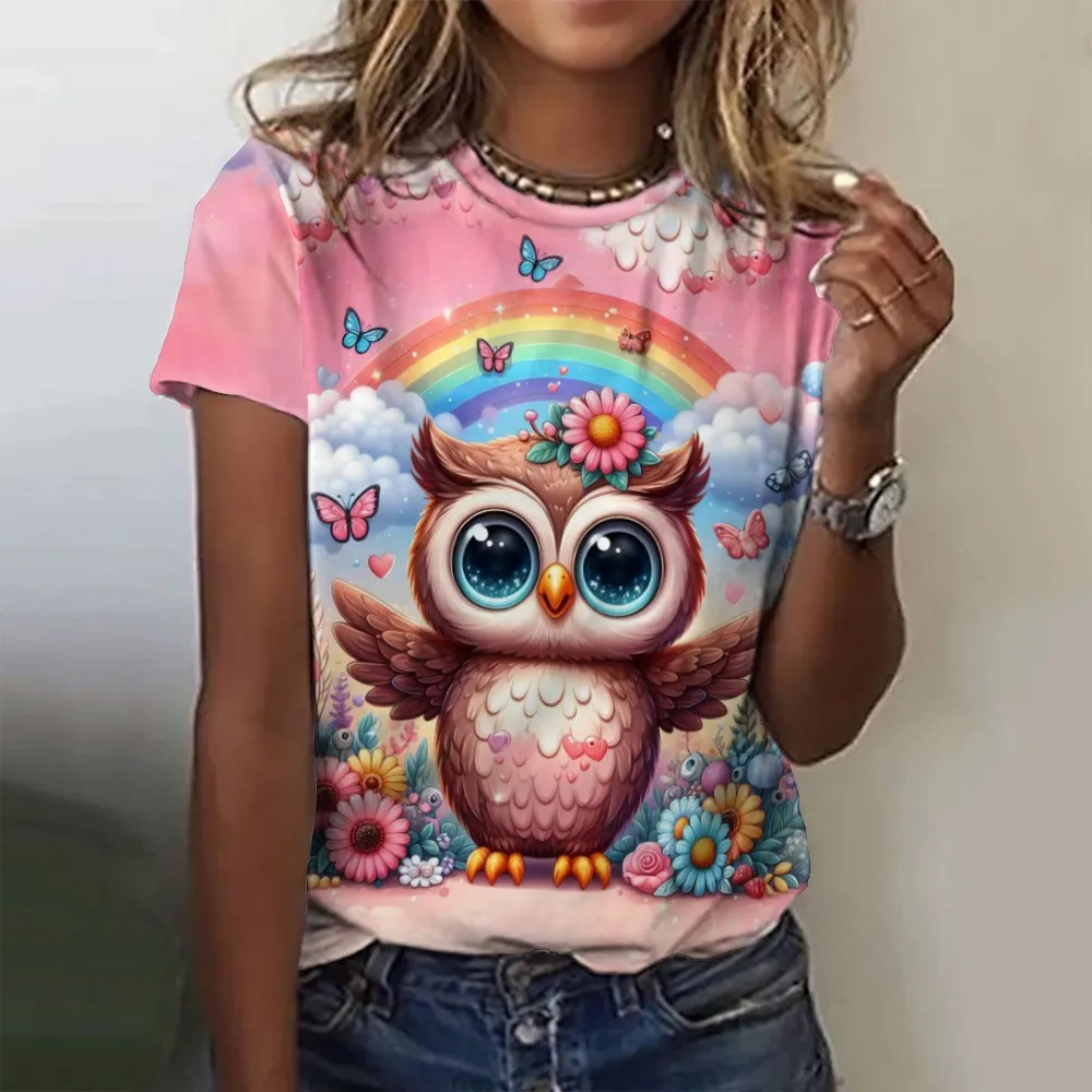 2024 New Kawaii Women\'s T-shirt Owl Print Plus Size Top Women\'s Trending Clothes Fashion Short Sleeve Shirt Crew Tee Summer