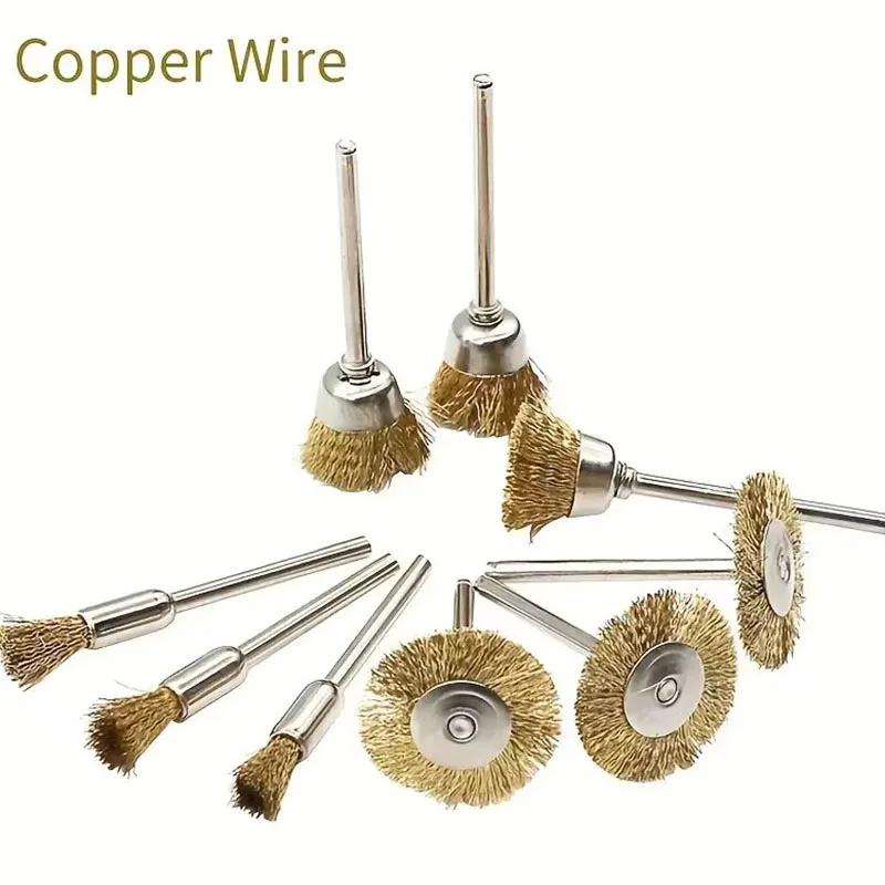 9pcs Steel Wire Brass Brush Rotary Tool Electric Dremel Drill Bit Polishing Grinding Wheel T-shaped Brush Accessories