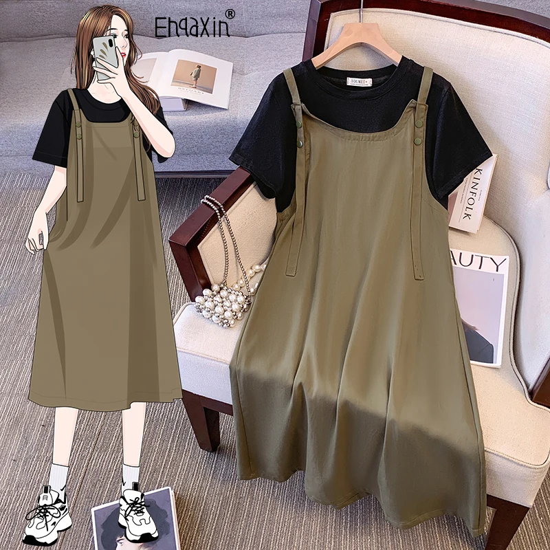 

EHQAXIN Women's Short Sleeved Dress 2024 Summer New Korean Edition Simple Casual Splicing Loose Strap Dresses For Ladies S-3XL