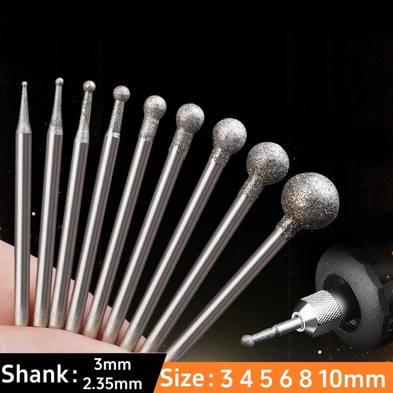 3~10mm F Needle Diamond Grind Needle Head Cutter Jade Carve Tools Engrave Rotary Spherical Burr Tool 2.35/3mm Shank Round Ball