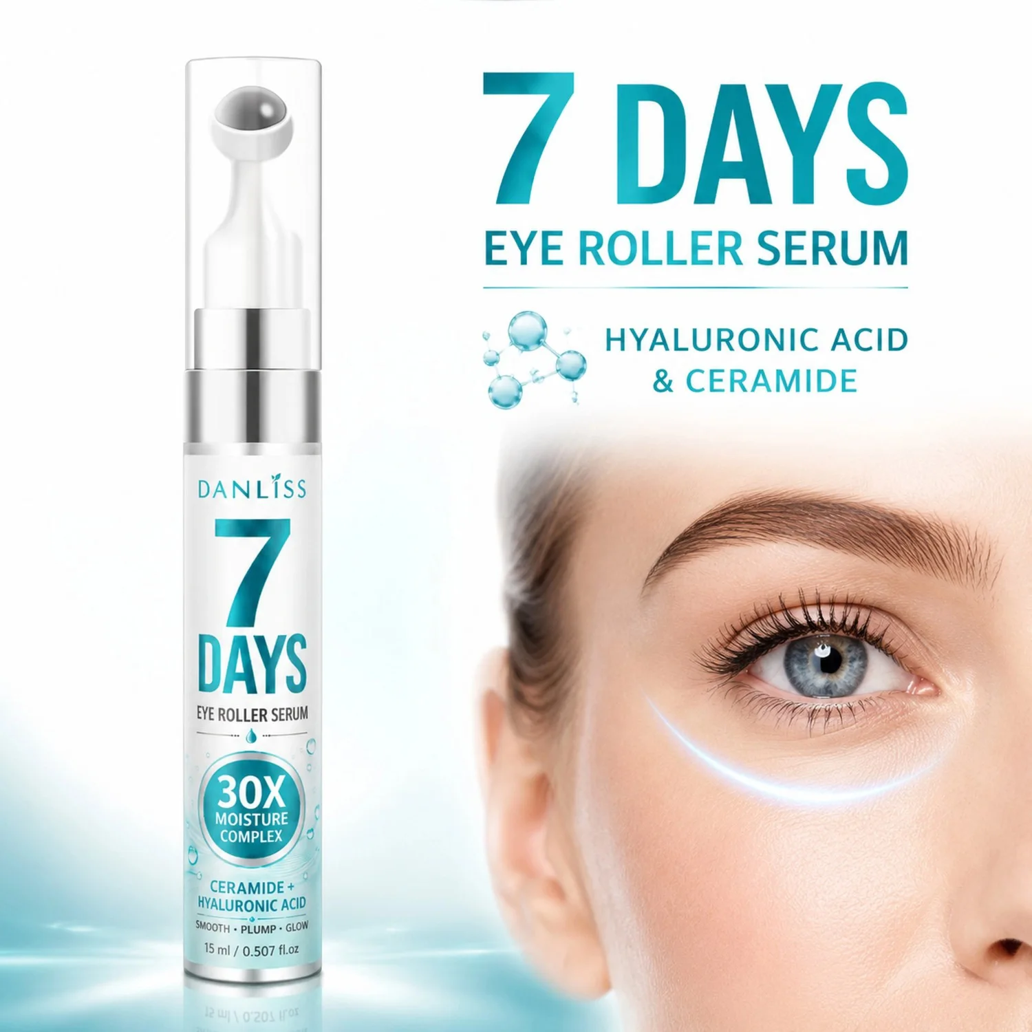7 Days Eye Roller Serum with Hyaluronic Acid & Ceramide - 30X Moisture Complex, Rollerball Applicator for Hydrating.