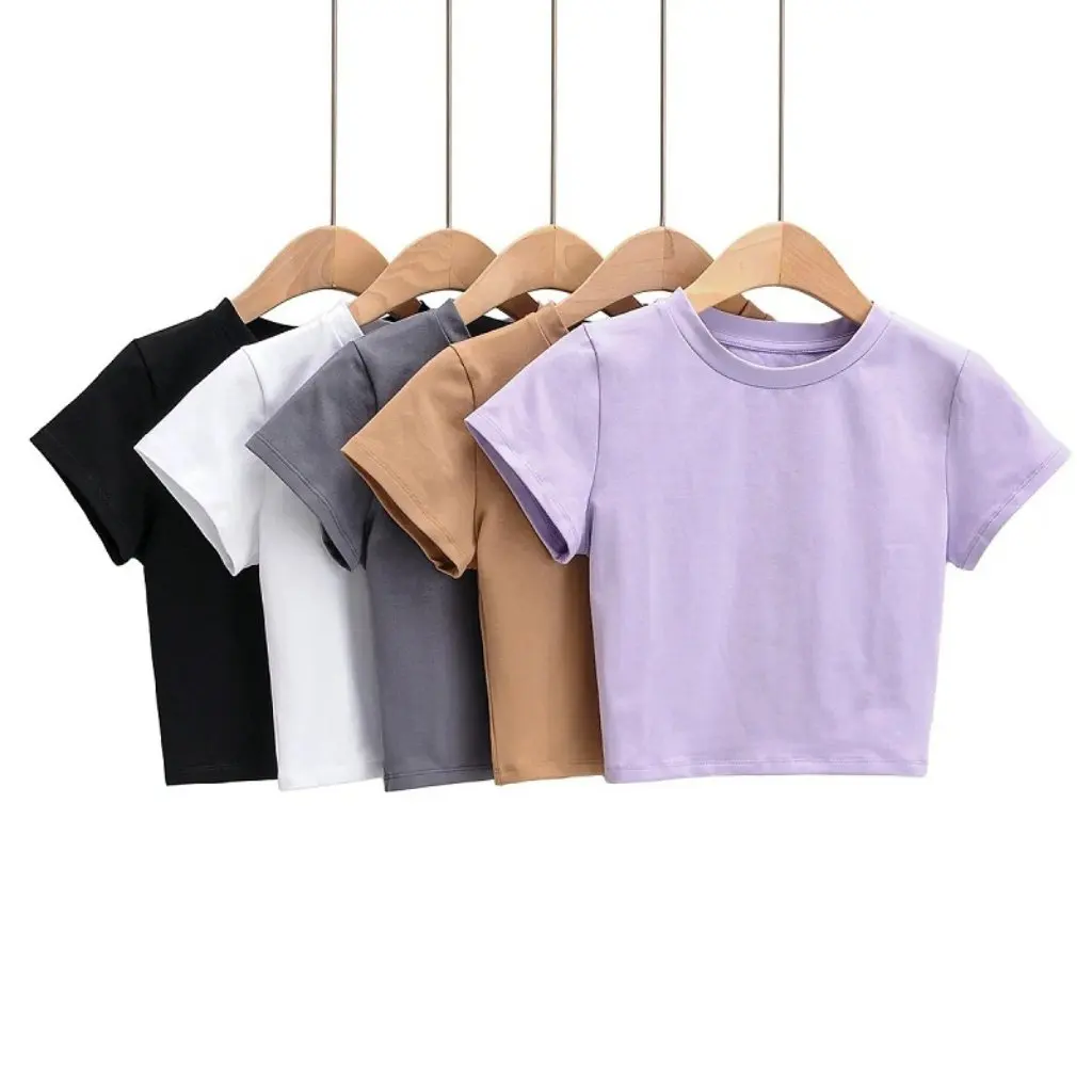 YPFF Women's Slim Short T-shirt round Neck Basic Net Solid Color Summer Top European And American Style