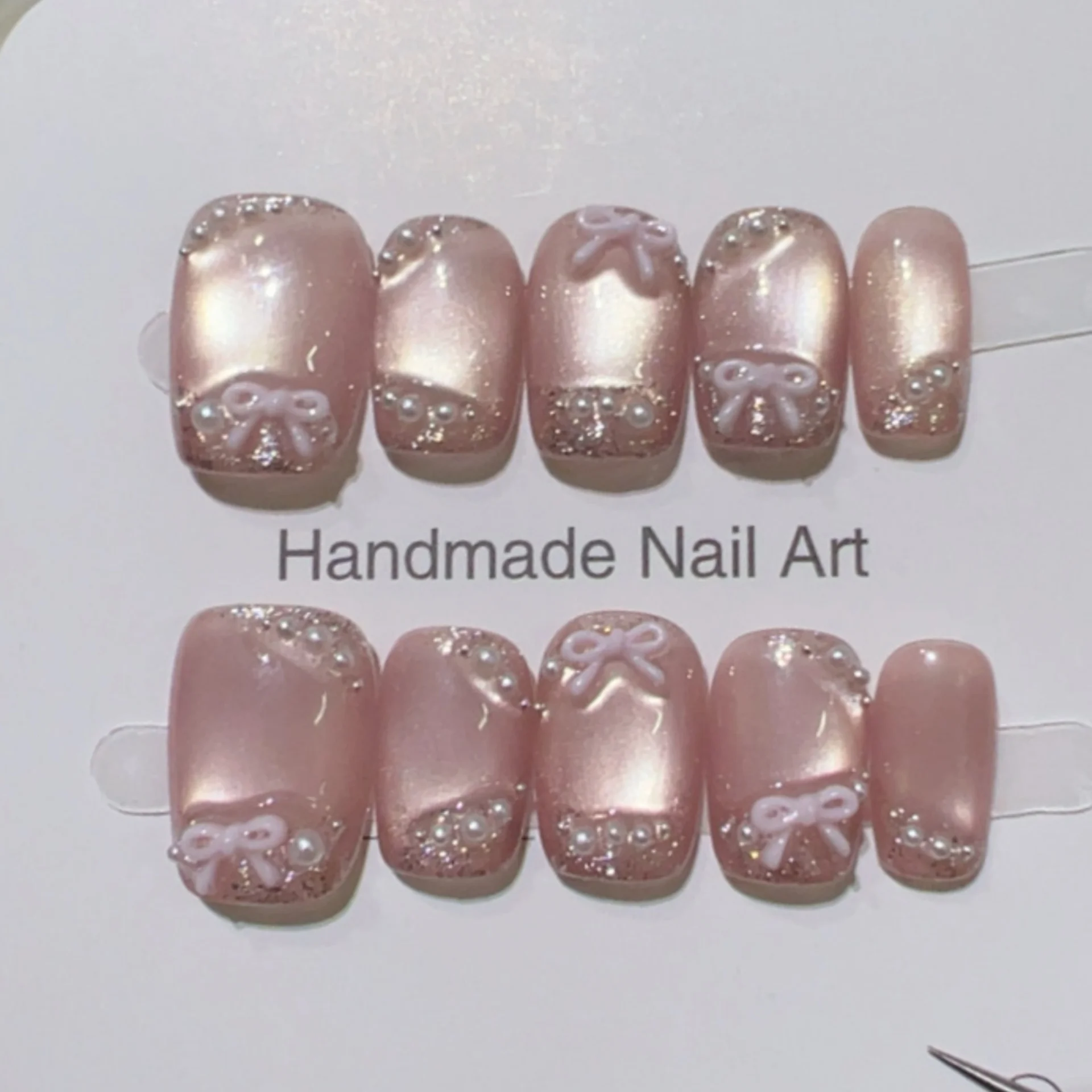 

10pcs Cute Short Square Handmade Nails Tips Bow Rhinestone Design Pink Fake Nails Art Cat's Eye False Nail Set Reusable Manicure