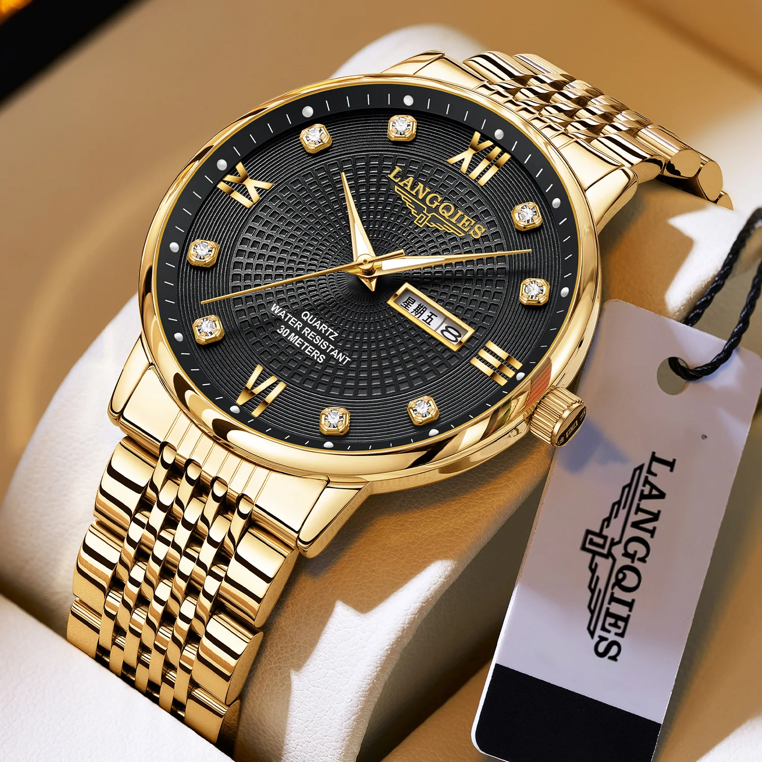 LANGQIES Men's Quartz Watch Two-Tone Gold Silver Diamond Dial Waterproof Date Week Business Casual Stainless Steel Wristwatch