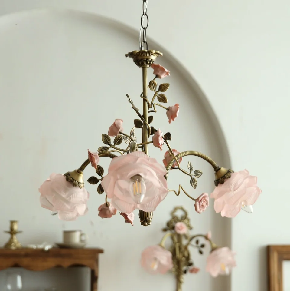 Copper Ceramic Floral Style Living Room Pendant French Retro Candle Decora Bedroom Study Creative Flower Master Bedroom Lighting