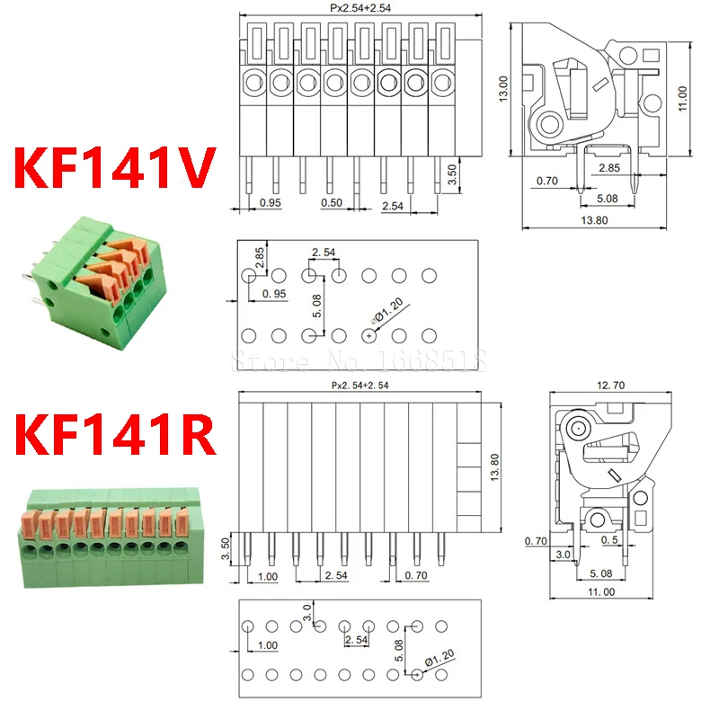 50Pcs KF141R KF141V 2.54mm Pitch PCB Terminal Block Connectors 2/3/4/5/6/7/8/9/10 Pin Straight / Right Angle Screwless Terminals