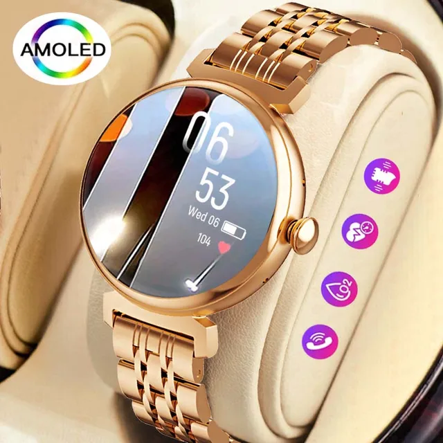 1. 04-calowy ekran amolowany modny damski ekran Smart watcha zawsze wyświetlać Bluetooth Smartwatch z funkcją dzwonienia metalowy zegarek mały parawan