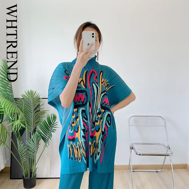 

WHTREND Pleated Printed Cape Top New Loose Big Size Versatile Shawl Coat Women's Fashion Clothes WH1156