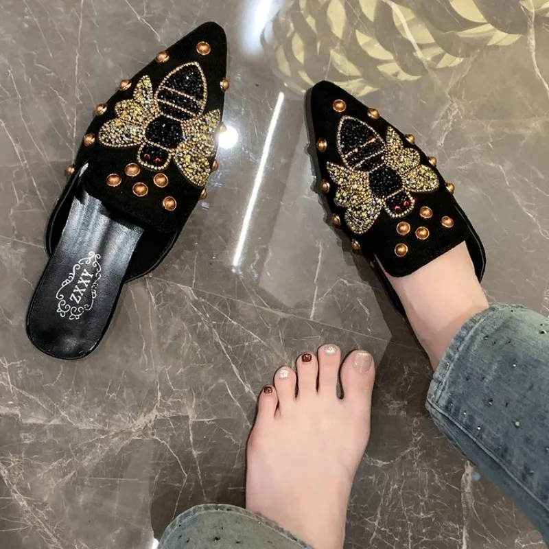 

Summer New Style Pointed Toe Baotou Half Drag Low Heel Casual Fashion Flat Bottom Breathable Outdoor Slippers for Women