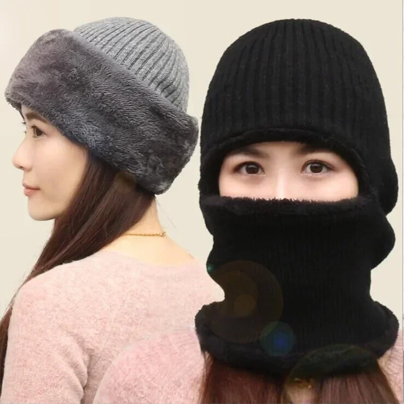 Autumn and Winter Fashion Solid Color New Coral Fleece Hat Scarf Warm Wool Knitted Hat for Women Double Layers Protection Cap