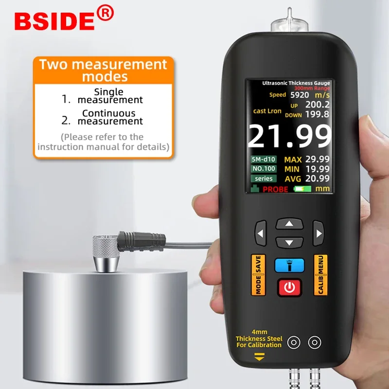 BSIDE T7 Digital Ultrasonic Thickness Gauge 0.01～300mm Metal Steel Pipe Wall Steel Glass Thickness Gauge Tester Rechargeable New