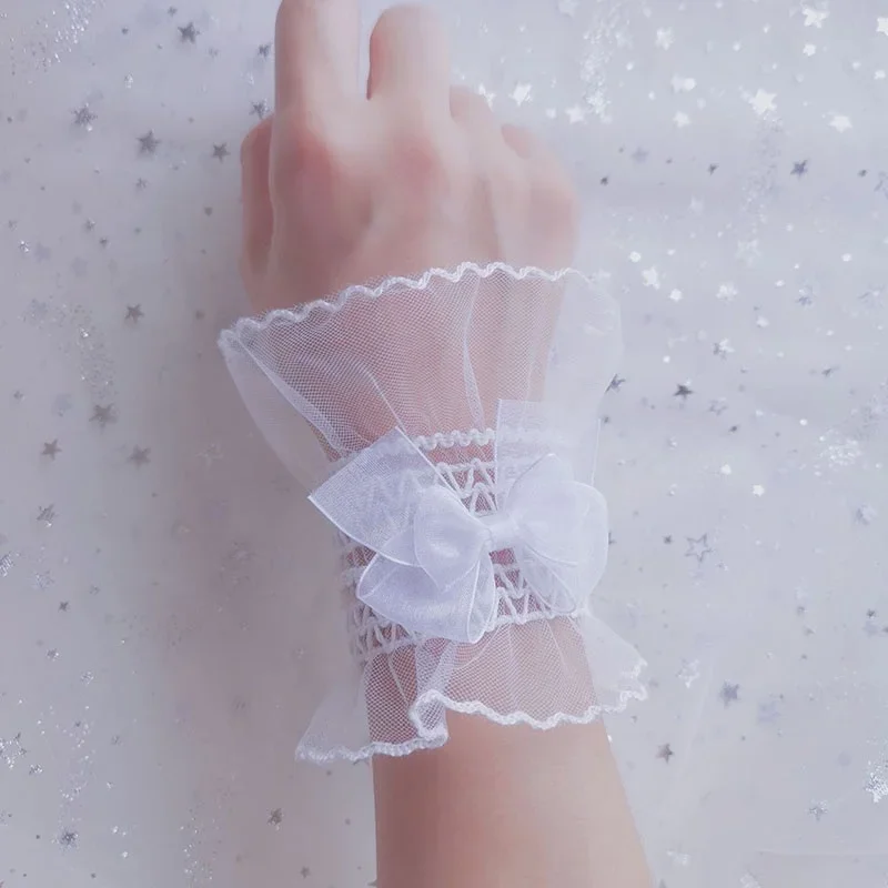 Lolita Loli Sweet False Sleeve Wrist Cuffs Fashion Bow Mesh Tulle Lace Gloves for Women Girls Wedding Party Bracelet Wristband