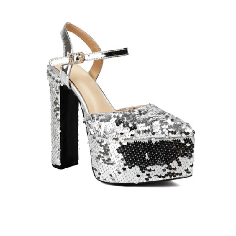 Women Platform Pointed Sandals 15.5CM/6Inch Summer Model Show Sequin Heels Europe and America Nightclub Party Large Size Shoes