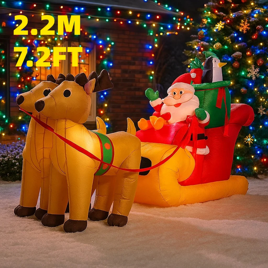 

2.2M/7.2FT Inflatable Santa Claus on Sleigh with Reindeer Lights LED Home Decor Toys Yard Xmas Holiday Supplies Outdoor Decor