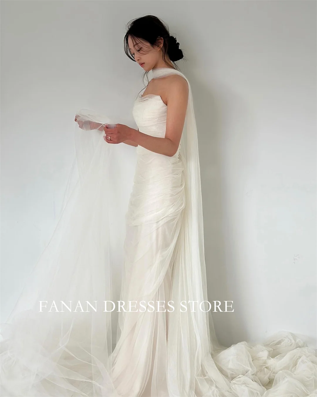 

FANAN Strapless Korea Mermaid Wedding Dresses 웨딩드레스 Tulle Ivory Sleeveless Lace-up Customized Pretty Bride Gowns Plus Size