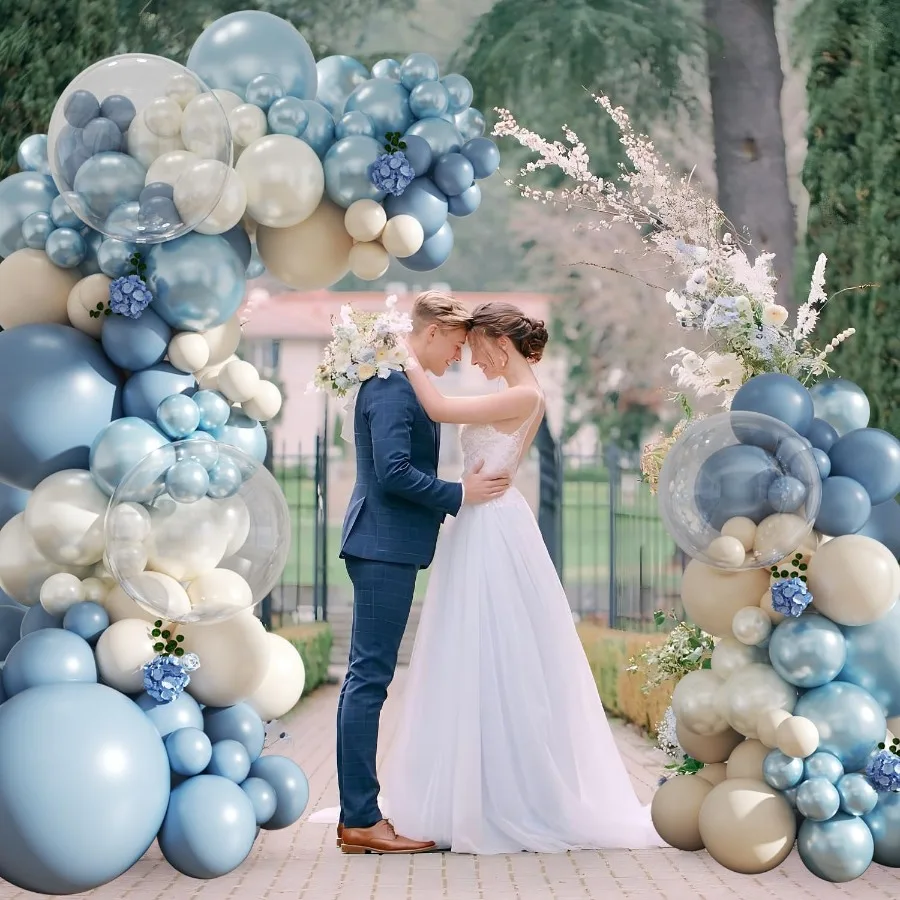 더스티 블루 풍선 아치 키트 103개 더블 스터프드 더스티 블루 펄 블루 화이트 샌드 화이트 클리어 풍선 다양한 크기 웨딩용