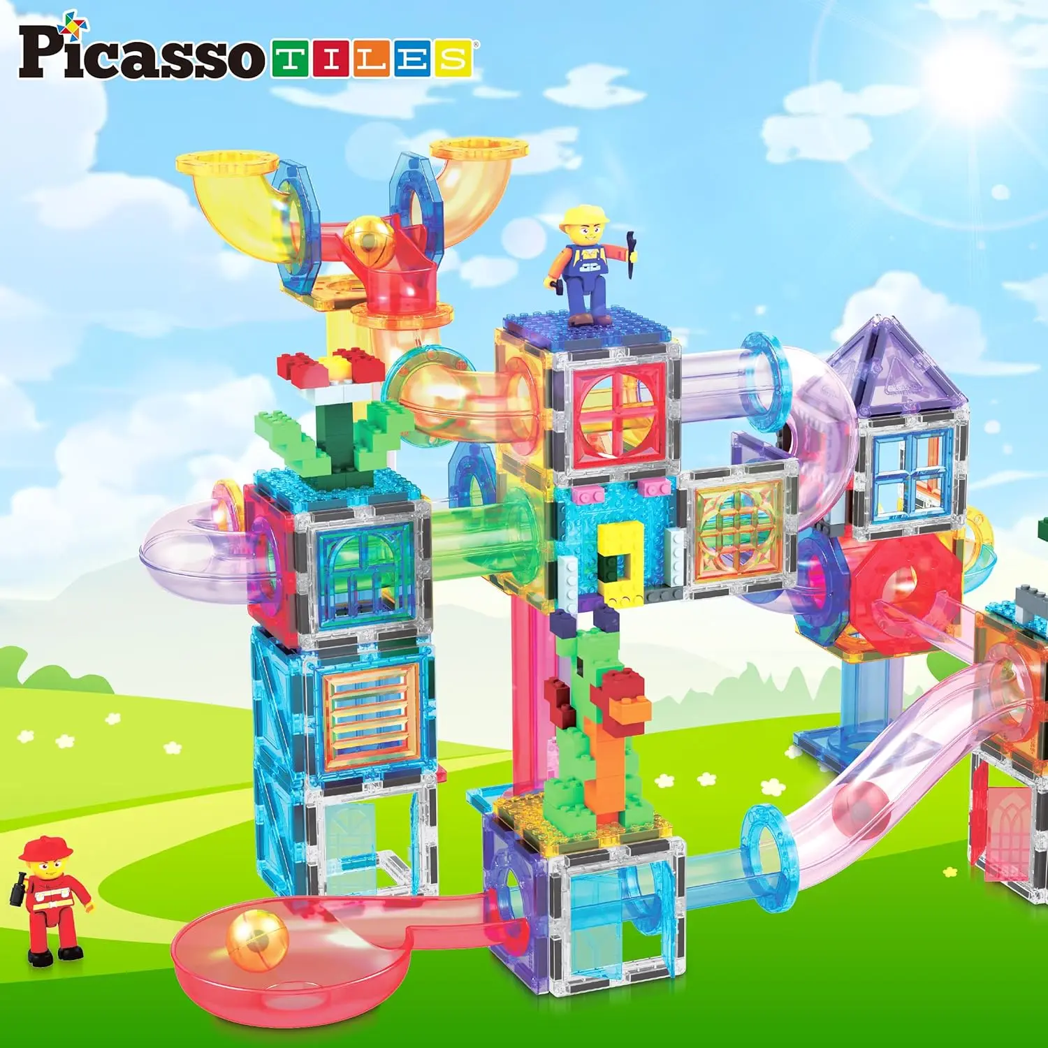 650 個の磁気マーブルランタイルとレンガコンボマグネットタイルビルディングブロックマグネットセットキャラクターアクションフィギュア教育付き