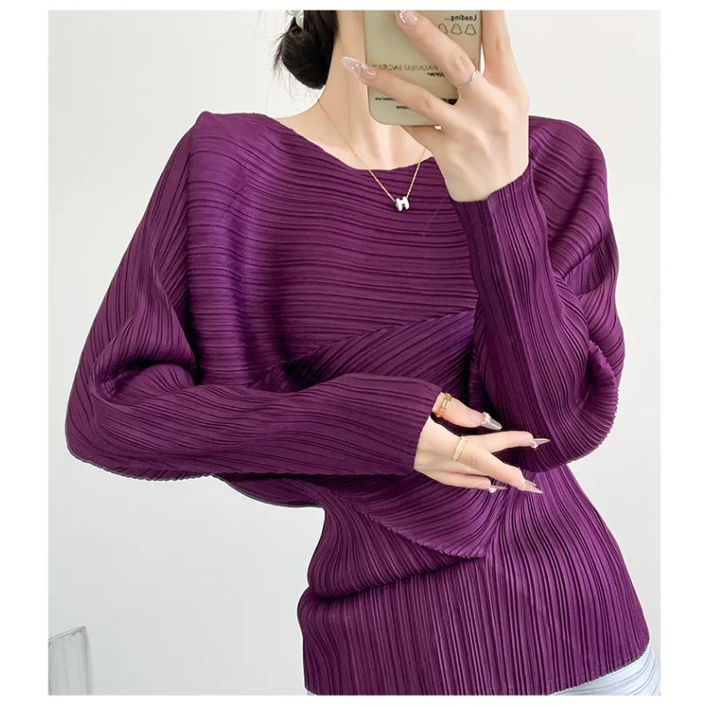 Miyake Pleated Cross-Line Top Simple Casual Fashion Irregular Design Waist-Slimming Elastic Long-Sleeve Women's T-Shirt