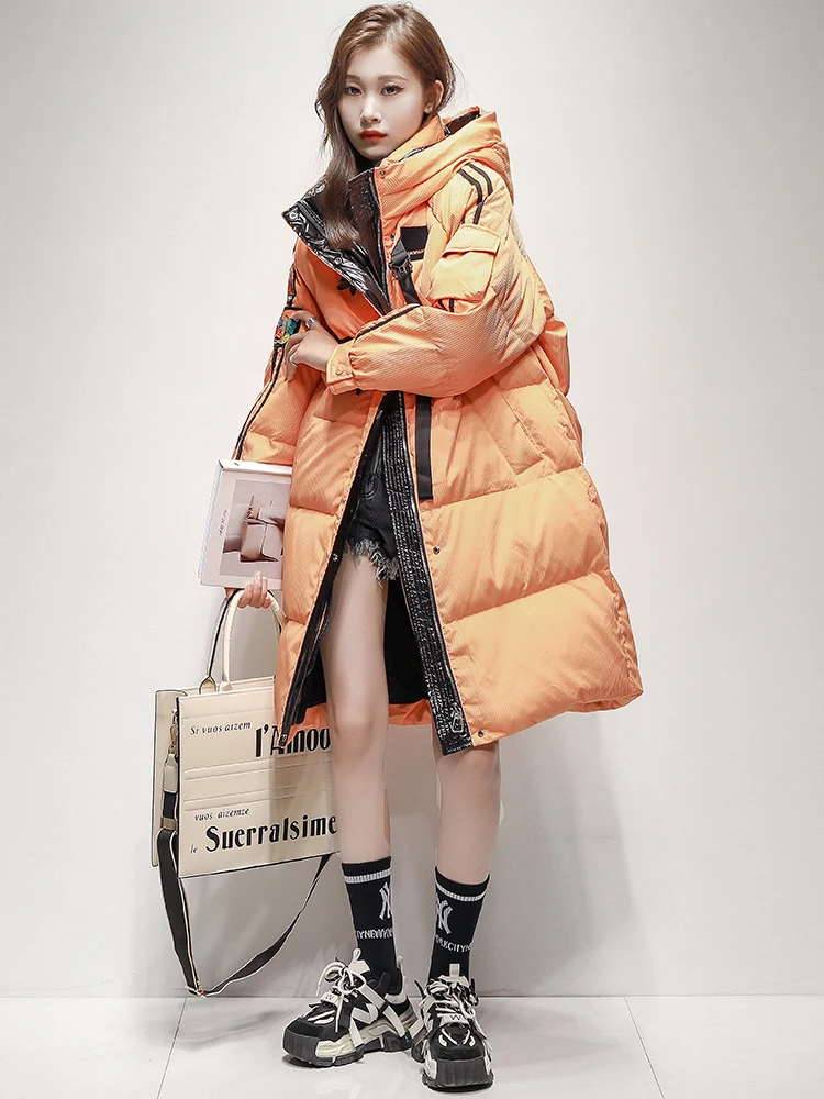 Women Thick Down Jacket 2023 Winter Stand Collar White Duck Down Warm Hooded Long Coat with Pocket Casual Chic Outwear