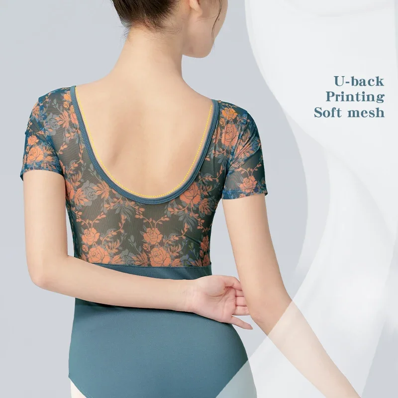 ชุดรัดรูปบัลเล่ต์สำหรับผู้หญิงชุดเต้นรำชุดบอดี้สูทสองชิ้นตาข่ายลายดอกไม้คอวีชุดเล่นโยคะ