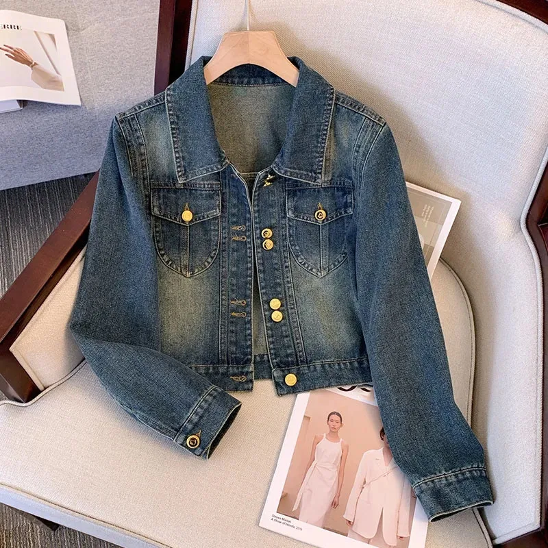 Autumn Ladies Leisure Denim Jacket 2025 Female Long Sleeves Cowboy Outwear Retro Women Fashion Solid Color Short Jeans Jacket