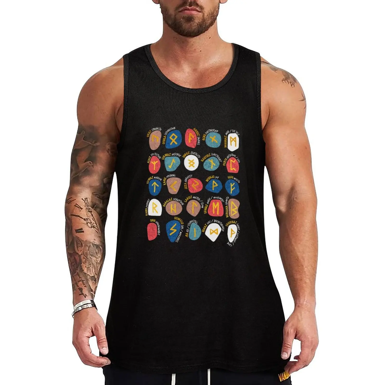 Mystical Viking Runes // black background blue red brown and teal stones golden letters of the runic alphabet Tank Top