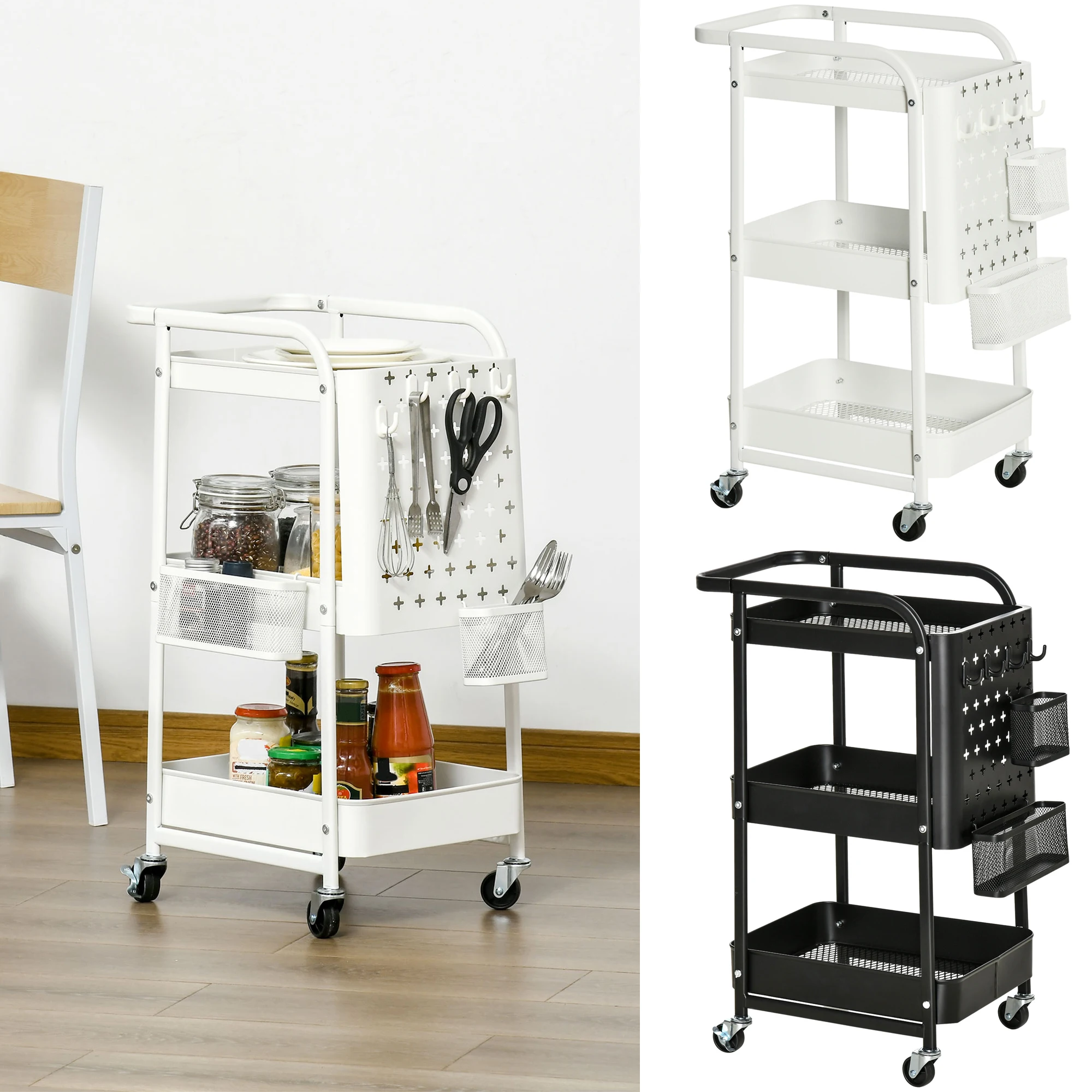 HOMCOM kitchen trolley with wheels 3 tier storage trolley 4 hooks handle 2 hanging baskets and brakes for bathroom living room bedroom 51,5x32x75,6 cm black