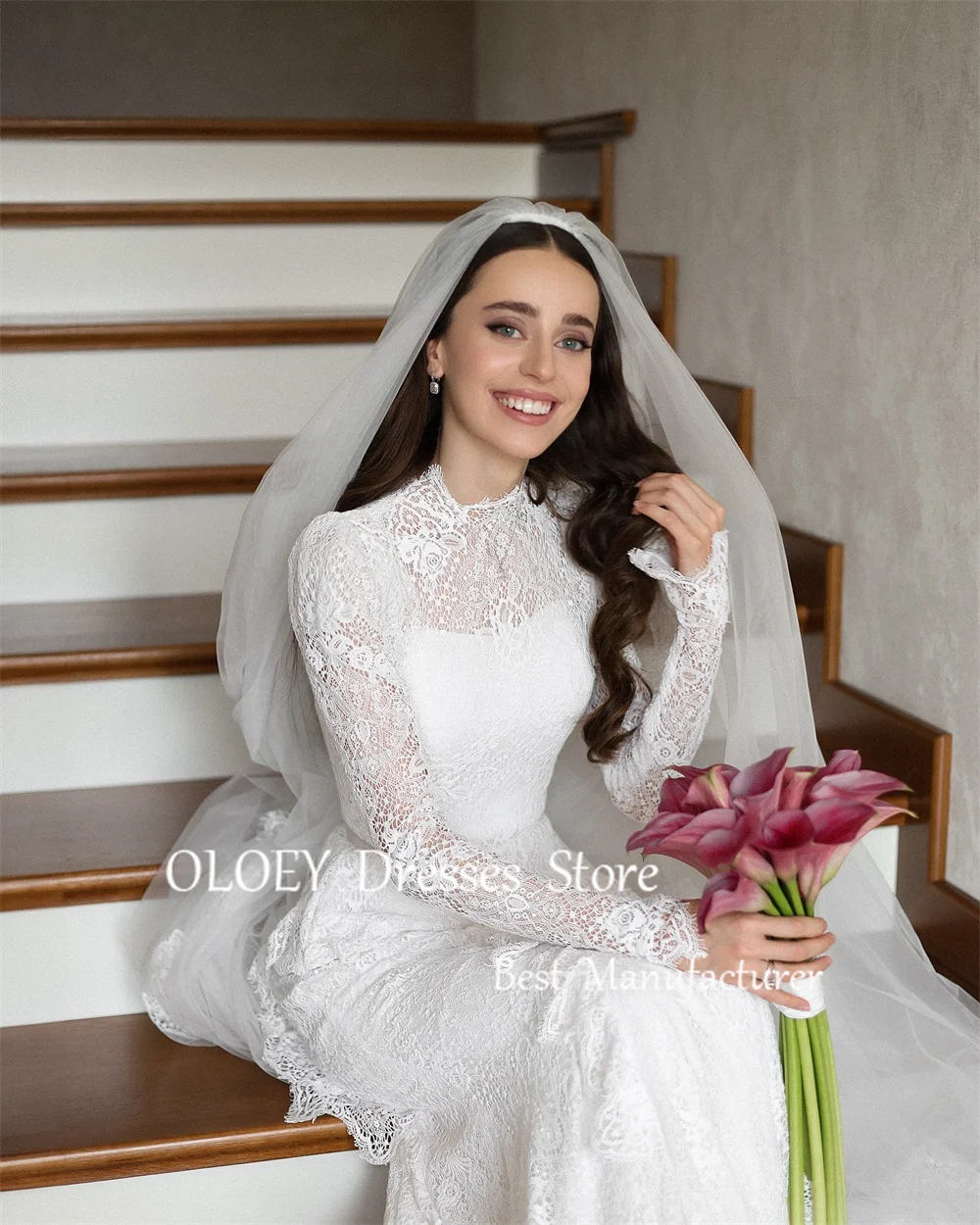 OLOEY Abito da sposa a sirena avorio modesto collo alto abito da sposa in pizzo di lusso maniche lunghe lunghezza pavimento realizzato su misura