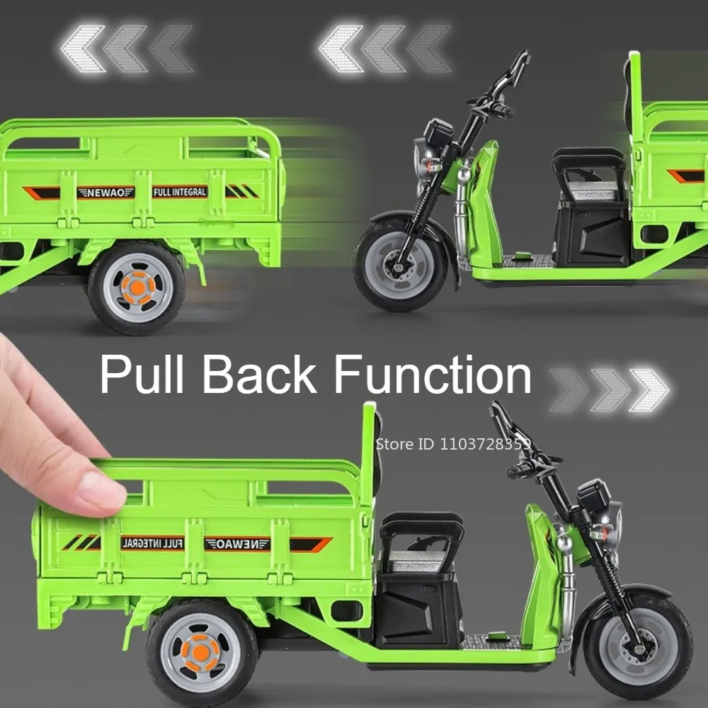 1:12 Scale Tricycle Toy Models Alloy Diecast Sound Light Pull Back Front Wheel Steering Simulation Model Vehicles for Boys Gifts