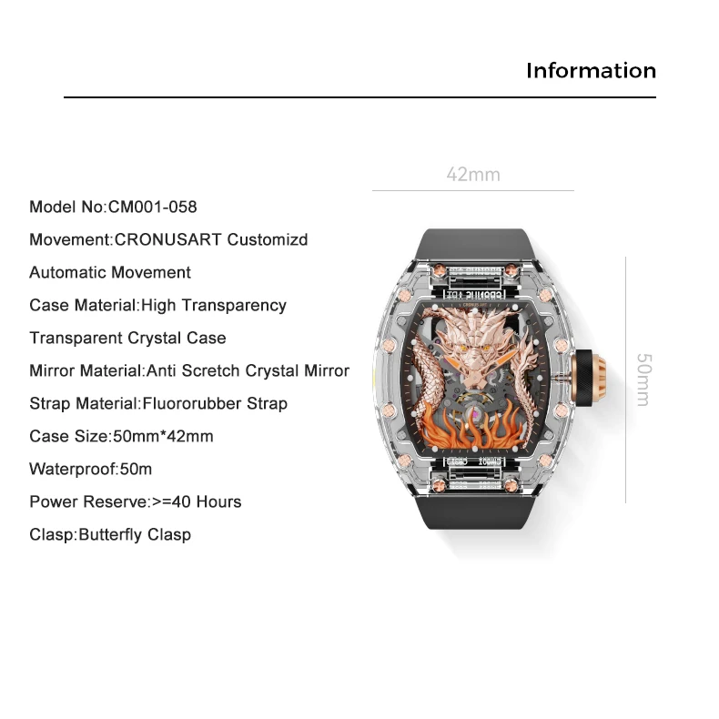 CRONUSART Men Automatic Watch 50mm*42mm Luxury Tonneau Mechanical Wristwatch Crystal Case Luminou Fluororubber Strap Dragon Dial