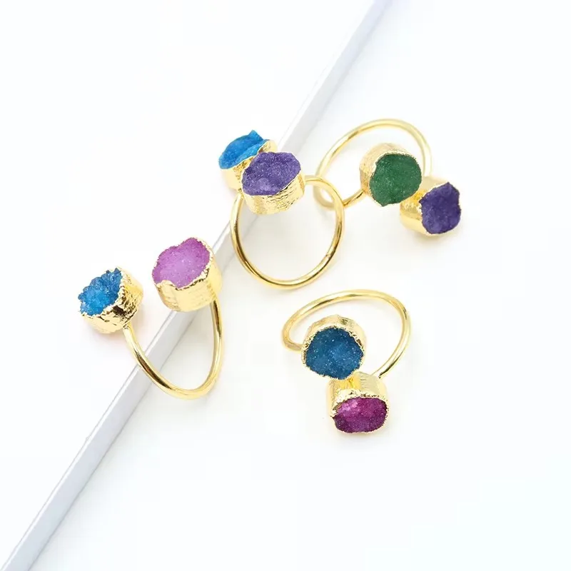 Natural Stone Crystal Tooth Rings Open Finger Resizable for Women Men Party Wedding Jewelry
