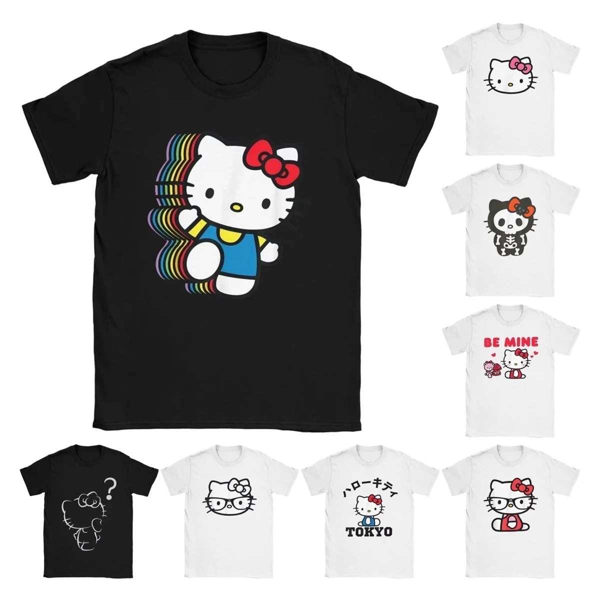 Hello Kitty Rainbow T Shirt Men Women Pure Cotton Humor T-Shirt Round Neck Tee Shirt Short Sleeve Tops New Arrival