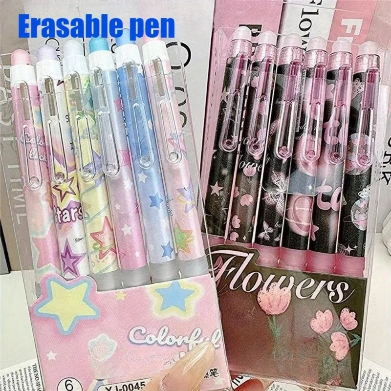 6pcs Butterfly Erasable Gel Pens 0.5mm Blue Ink, Cute Kawaii Fine Point Pens for Smooth Writing, School Office Stationery Gift