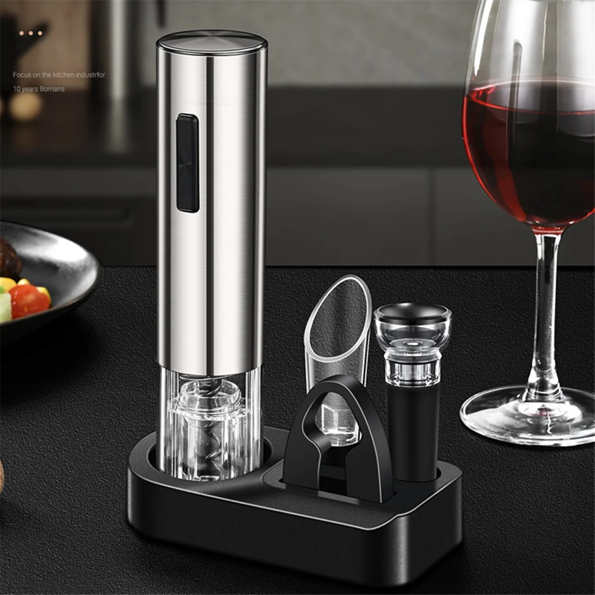 فتاحة زجاجات النبيذ الكهربائية 4 في 1 مع مهوية النبيذ، وقاطع رقائق النبيذ المفرغة وقاعدة تخزين قابلة لإعادة الشحن-T33C #3