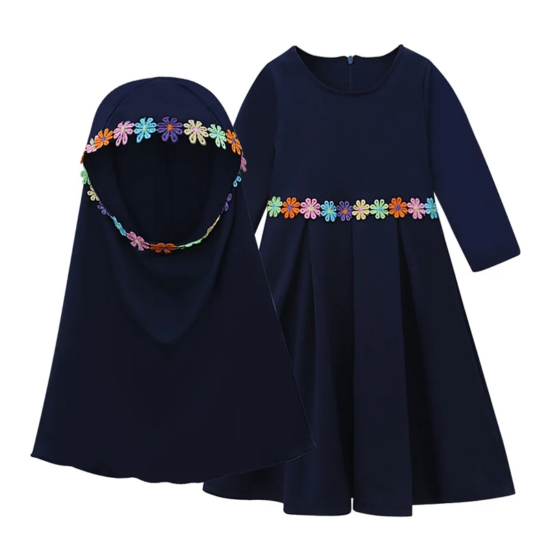 Kids Embroideries Dress Girls Princess Casual Vestidos Children Spring Autumn Gown Baby Long-sleeved Clothes And Headscarf 2Pcs