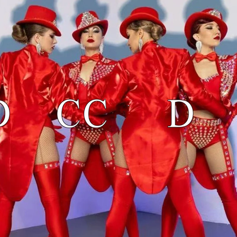 Strój na bar, do klubu nocnego, dla DJ-a, występ DS, kostium cosplay dla kobiet, strój tancerki gogo, czerwone bikini z diamentami, ubrania sceniczne, odzież rave, XS10289