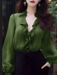 Fashion Long Sleeve Office OL Blouse ZANZEA Women V Neck Tunic Tops Stylish Flounce Work Shirt Spring Summer Blouses Oversize