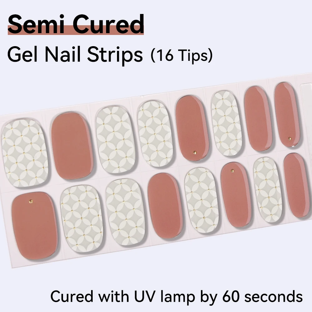 16Tips Gel Nail Stcikers For UV Lamp Adhesive Waterproof Long Lasting Full Cover Semi-Cured Gel Nail Wraps Press On Nail