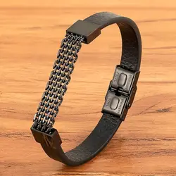 XQNI Classic Stainless Steel Leather Bracelet For Mens Chain Wristband Business Charm Jewelry Accessories for Dad Boyfriend